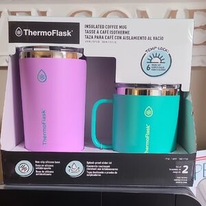 ThermoFlask Stainless Steel Insulated Coffee Mug Set, 2 Pack (Purple/Green)
